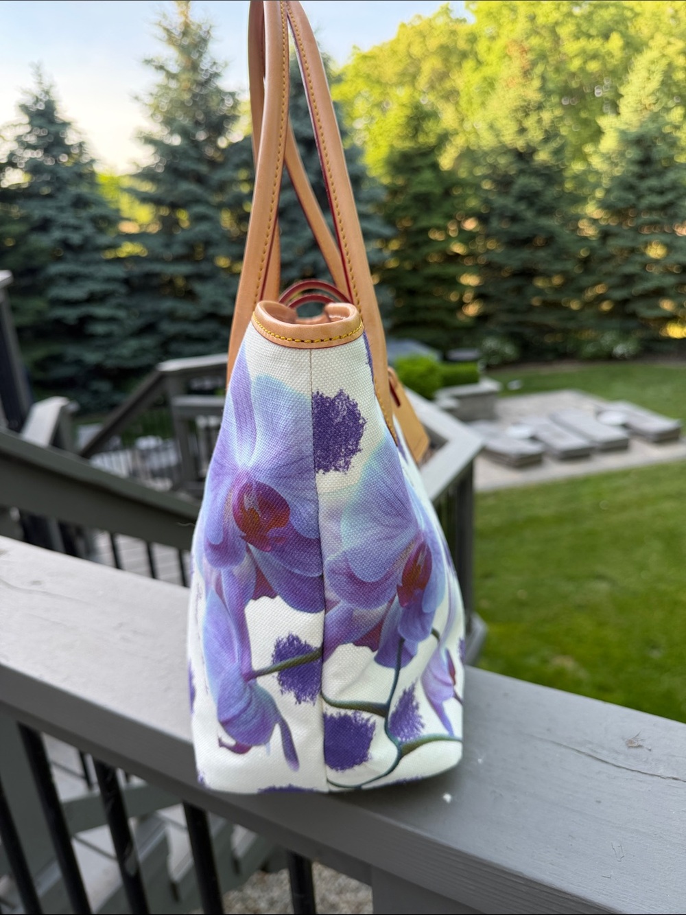Dooney & Bourke Purple Floral Canvas Tote with Tan Leather Trim - Picture 4 of 12